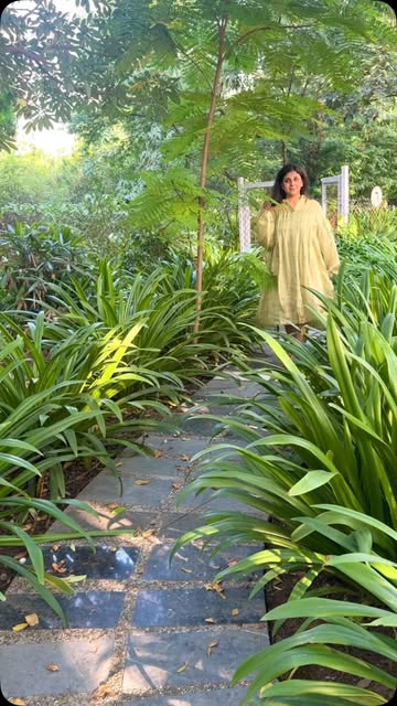 Yellow linen set, garden walk